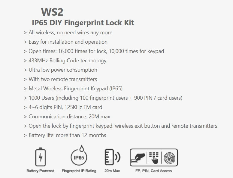 IP65 Waterproof 433Mhz Door Wireless Access Control System Bometrics RFID Keypad+Electric Lock+Exit Button+Remote Control Key