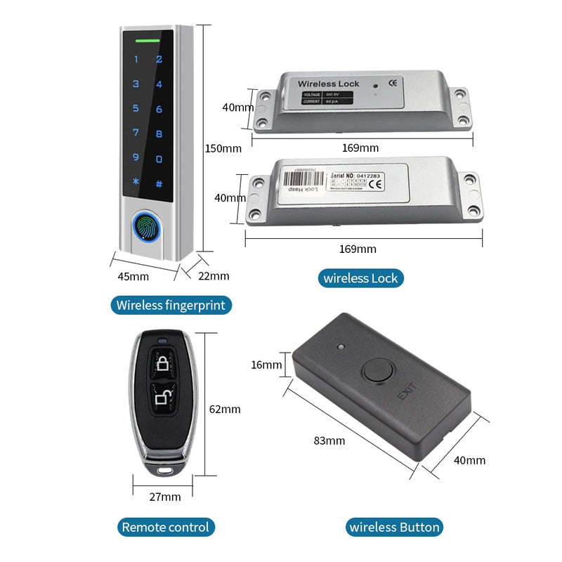 IP65 Waterproof 433Mhz Door Wireless Access Control System Bometrics RFID Keypad+Electric Lock+Exit Button+Remote Control Key