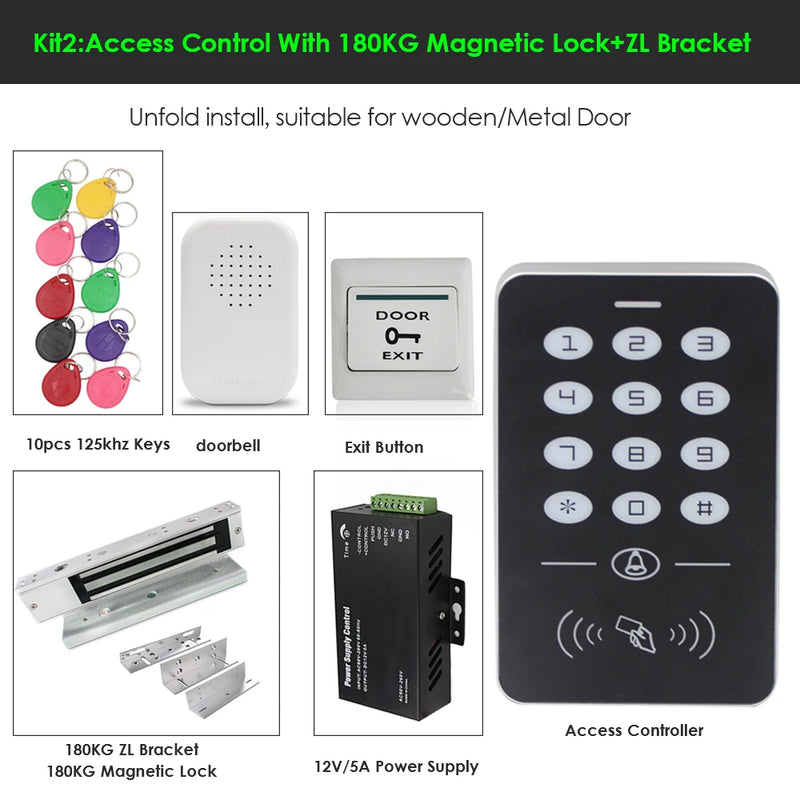 RFID keyboard keys Smart Door Access Control System With 180KG door lock electronic Power Supply  Door Access Control System Kit