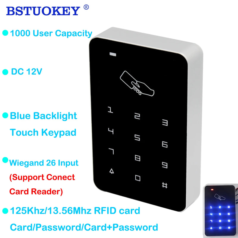 125Khz RFID Standalone Access Controler 13.56Mhz Card Reader Keypad Wiegand input Door Lock 1000 User Backlight Touch