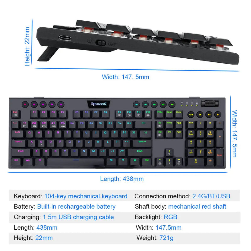 2025 K618 RGB support Bluetooth 5.0 wireless USB 2.4G 3 mode Mechanical Gaming Keyboard 104 Keys Compute PC