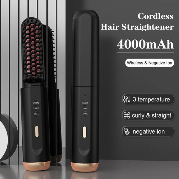 Electric Hair Brushes Wireless Hair Straightener Brush Anti-Scalding Hot Comb Ceramic Cordless Beard Straightener for Men