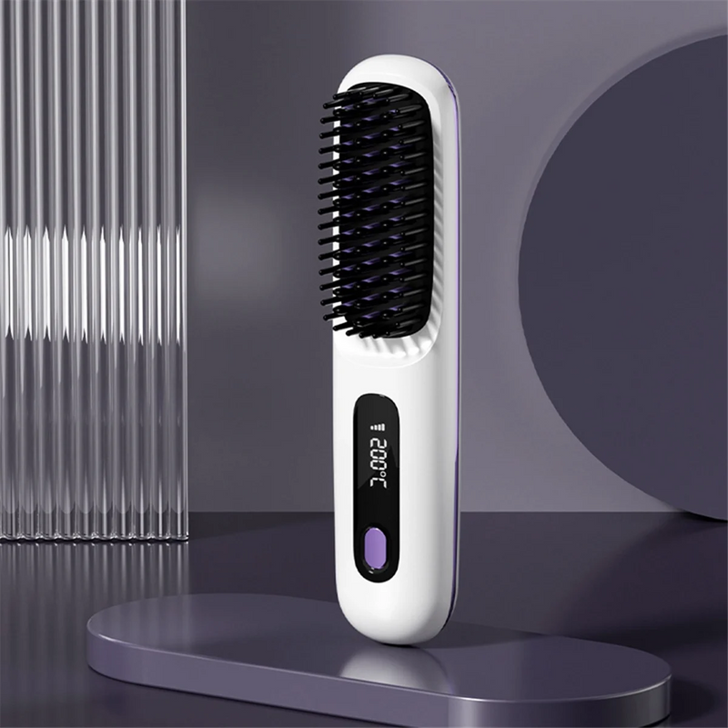 Portable Cordless Hair Straightener Brush with LED Display ,Negative Ion Hot Comb, USB Rechargeable Travel Essential