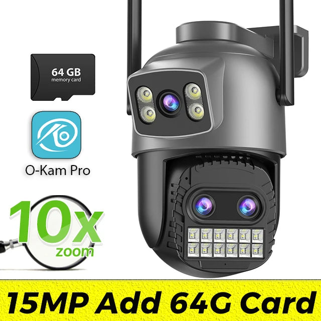 Outdoor Dual Screen IP Camera, 15MP, WiFi, PTZ,10X Digital Zoom,4K,Human Detection, Security Camera, Surveillance, O-Kam Pro App