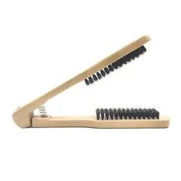 Wood V Folded Hair Straightener Irons Boar Bristles Clamp No Electric Detangler Hair Brush Hairs Styling Tool Double Side