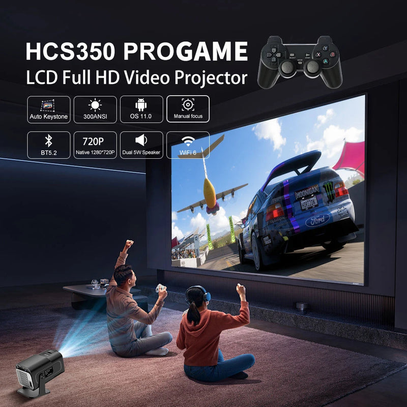 HCS350 Pro Portable Projector Include 2 White Wireless Game Controllers 3800 Games Support 4K 1080P Android11 Video Game Console