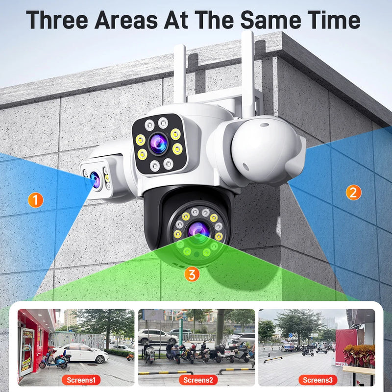 6MP WIFI Camera 2K Outdoor Three Lens Three Screens PTZ Cam Smart Home AI Auto Tracking Video Surveillance Security Protection