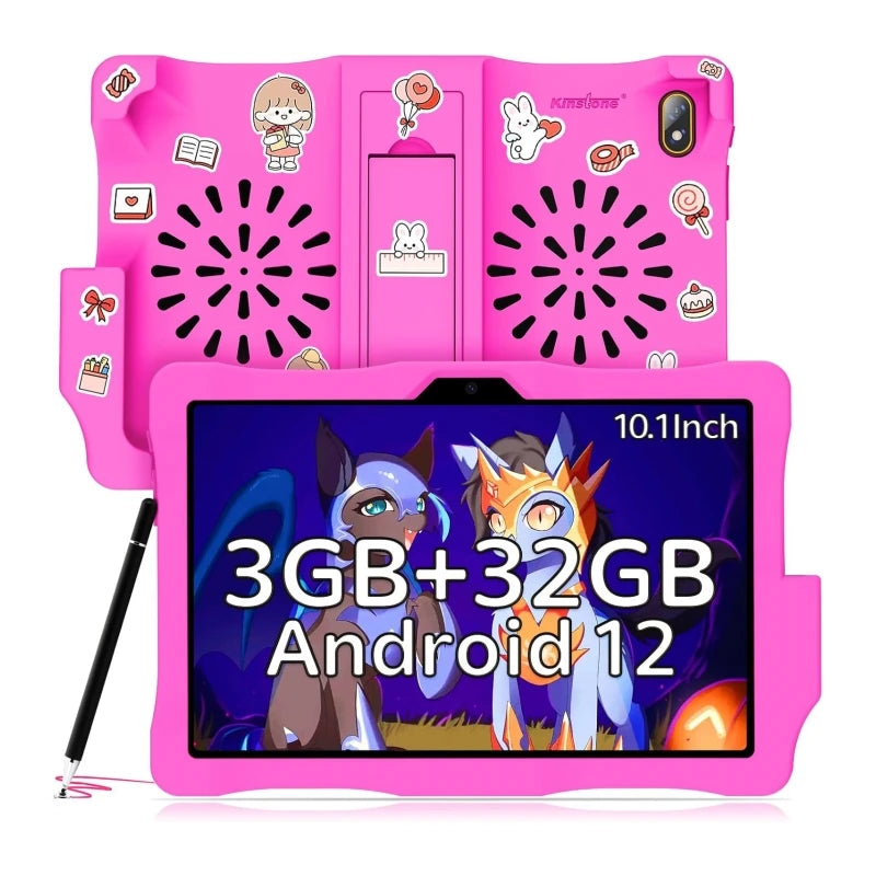 Glavey 10.1 Inch Kid Tablet Android 12 Quad Core 3GB RAM 32GB ROM WiFi 6000mAh Battery Dual Camera Gift Stand Silicone Case