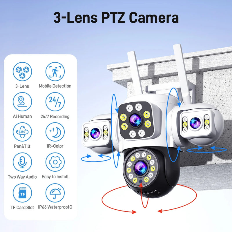 6MP WIFI Camera 2K Outdoor Three Lens Three Screens PTZ Cam Smart Home AI Auto Tracking Video Surveillance Security Protection