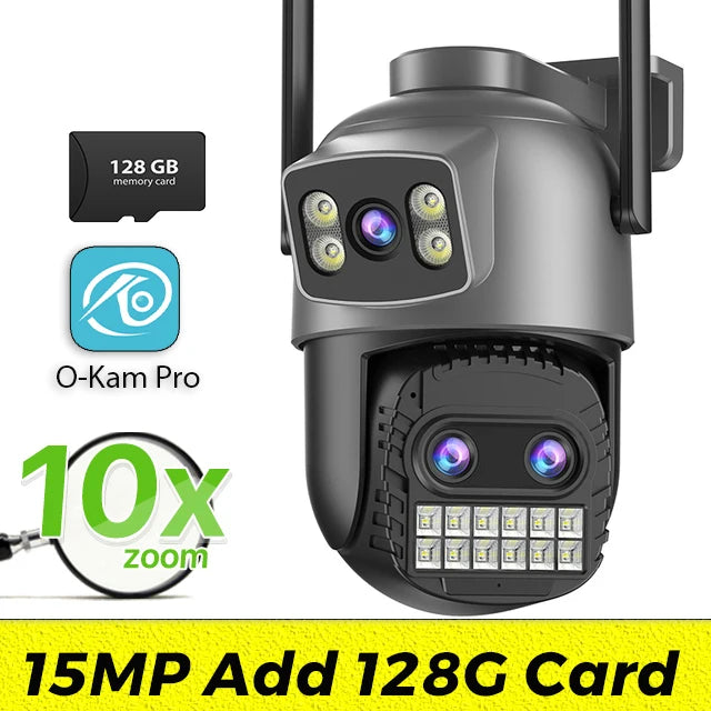 Outdoor Dual Screen IP Camera, 15MP, WiFi, PTZ,10X Digital Zoom,4K,Human Detection, Security Camera, Surveillance, O-Kam Pro App