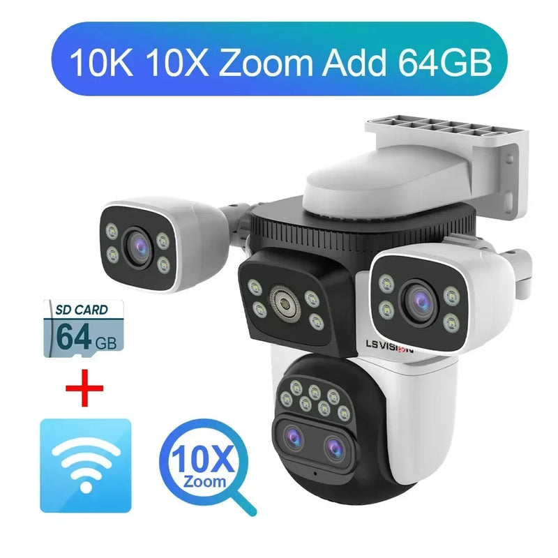 LS VISION 20MP 10X Zoom Four Screens WiFi IP Camera Wireless Outdoor 10K Four Lens PTZ Human Auto Tracking Surveillance Cameras