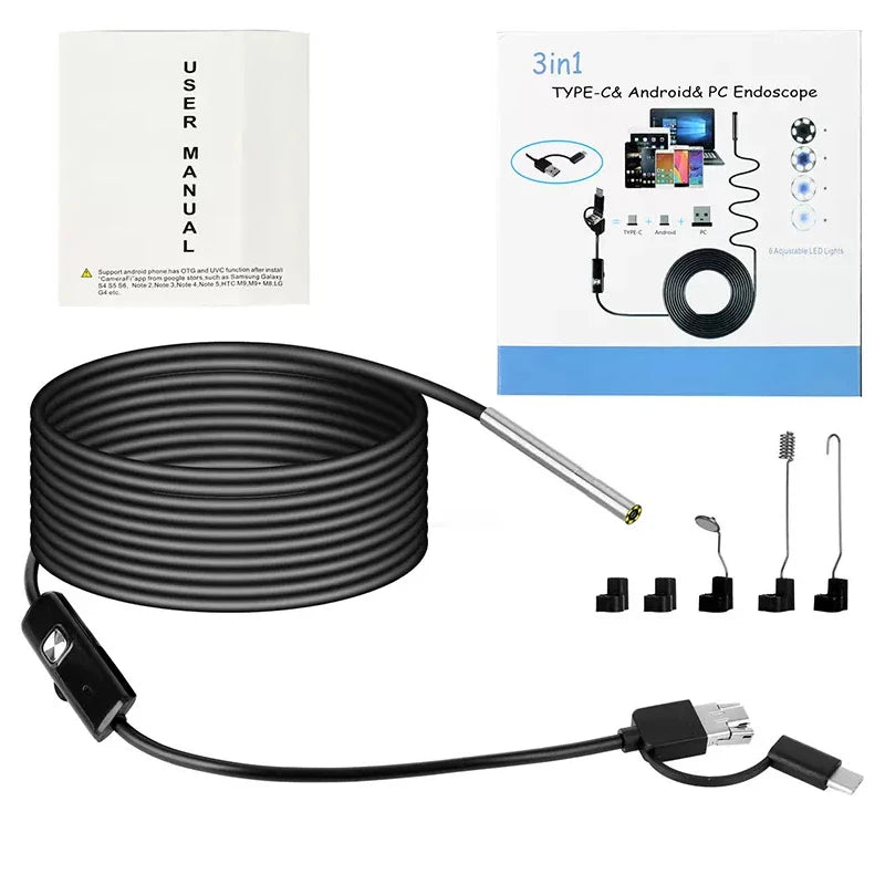 3In1 Endoscope Camera 720P Sewer Industrial Piping Car Inspection Endoscopic 3.9Mm For Usb Android Type C