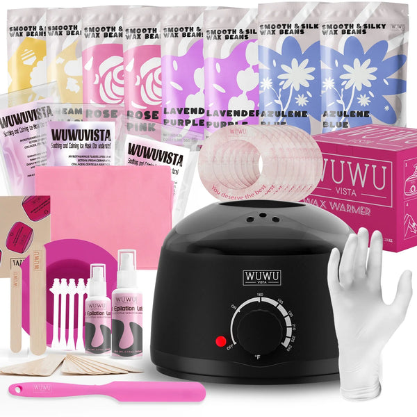 Waxing Kit WUWUVISTA Hair Removal Hard Wax Kit Wax Melt Warmer Waxing Beads Face/Brazilian/Full Body/Bikini/Sensitiive skin