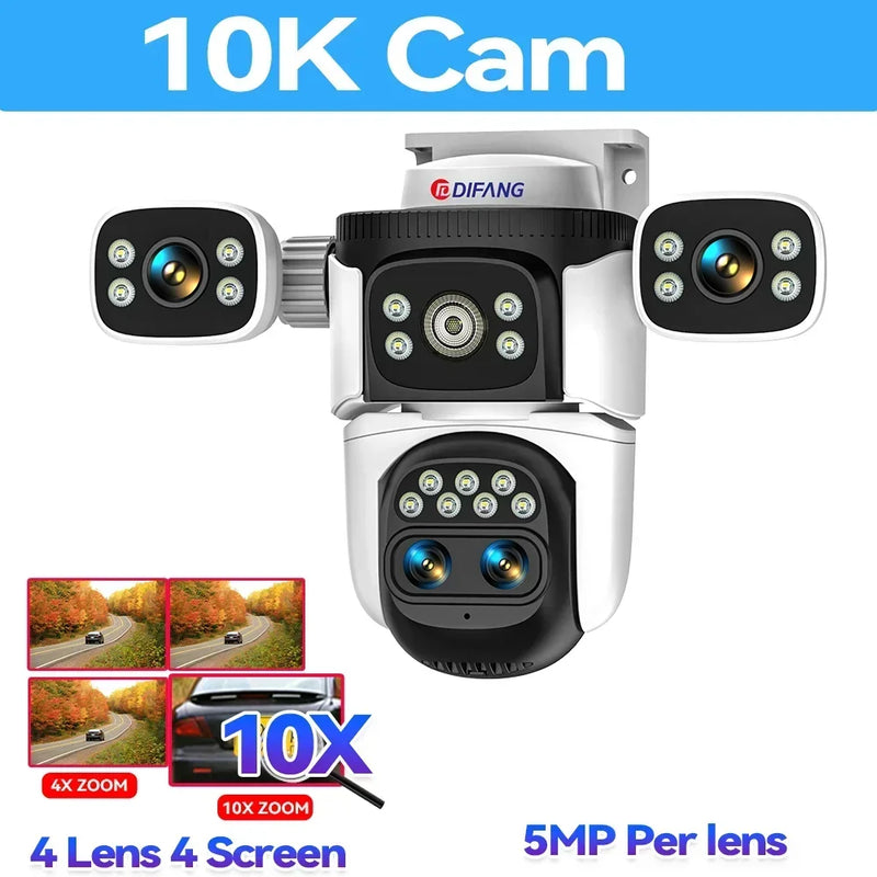 WiFi Camera 10K Four Lens 20MP Four Screens Optical 10X Zoom CCTV Video Camera Auto Tracking 360° Surveillance Security Camera