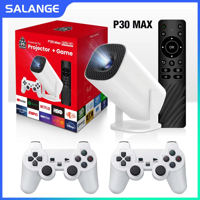 Salange P30 Max Video Game Console Include 2 Wireless Game Controllers 3800 Games Support 4K 1080P Android11 Portable Projector