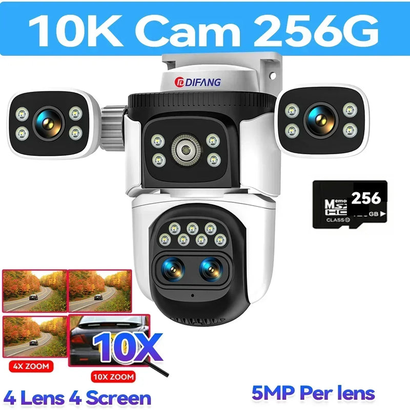 WiFi Camera 10K Four Lens 20MP Four Screens Optical 10X Zoom CCTV Video Camera Auto Tracking 360° Surveillance Security Camera