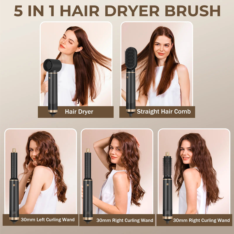 5 In 1 Electric Hair Dryer Brush White gold Blow Dryer Comb Hair Curling Wand Detachable Brush Kit Negative Ion Curler