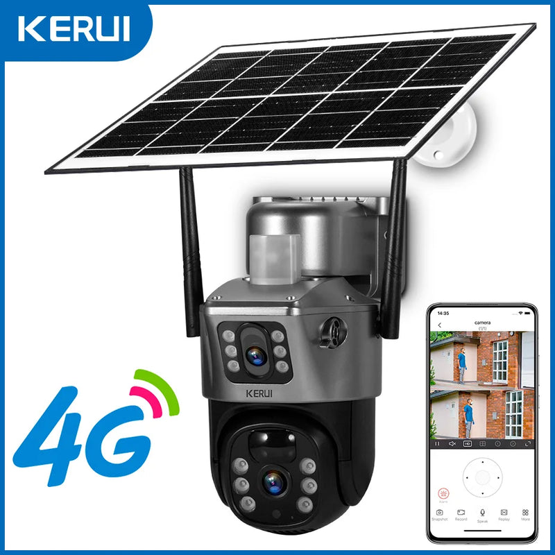 KERUI Outdoor PTZ 4MP 2K 4G SIM WIFI Solar Panel Dual Lens Camera Home Security CCTV Video Surveillance Built-in Battery