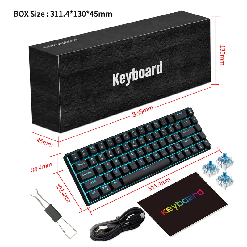 68 Keys Mechanical Keyboard Ergonomics RGB Backlit LED Hot Swappable Blue Switch Gaming Keyboard for PC Laptop Office