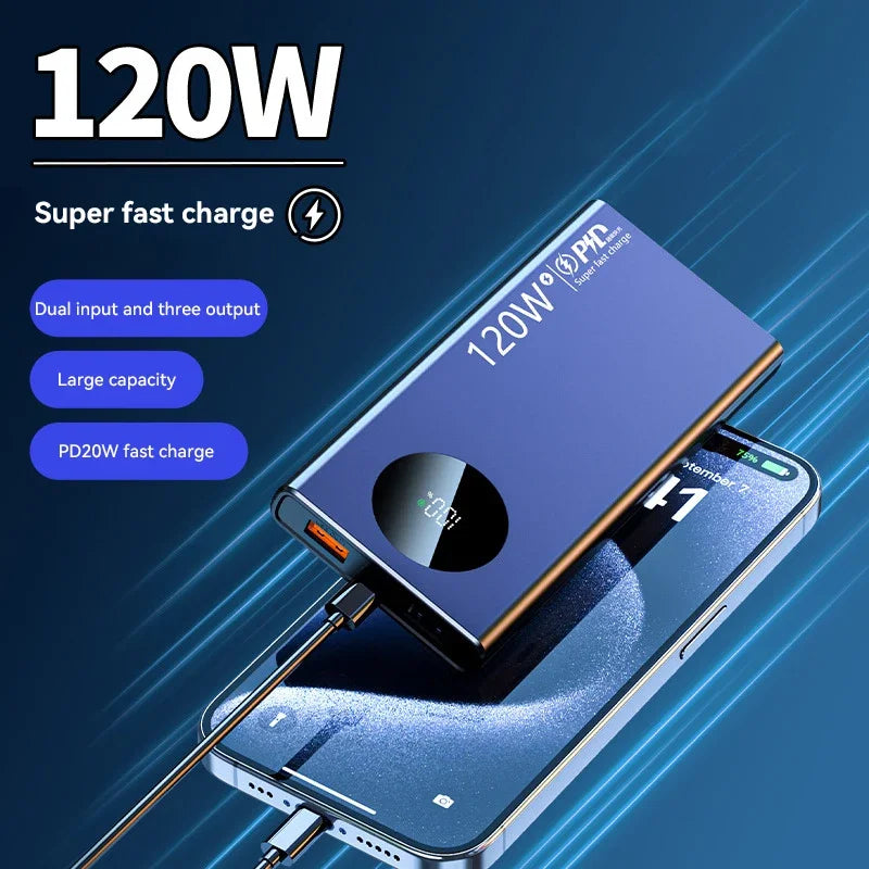 Large Capacity Mobile Power Bank, 20000mAh, 120W, Fast Charging, Portable Battery Charger for iPhone, Samsung, Huawei, Xiaomi