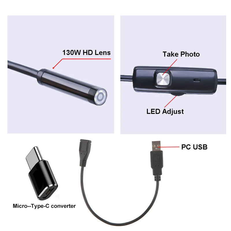 7.0mm 5.5mm IP67 Waterproof Endoscope Camera 6 LEDs Adjustable USB Android Flexible Inspection Borescope Cameras for Phone PC