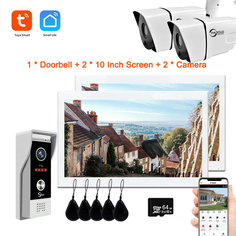 10 Inch Smart Tuya Home Video Intercom Wifi Touch Screen 1080P Video Doorbell Access Control Card Unlcok Door Phone Kit 64G Card