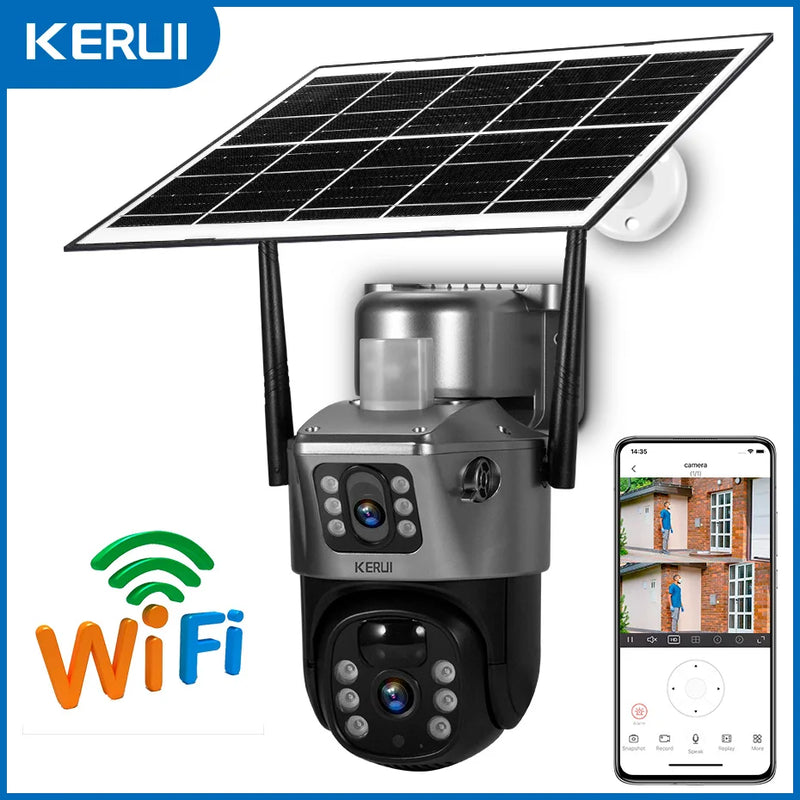 KERUI Outdoor PTZ 4MP 2K 4G SIM WIFI Solar Panel Dual Lens Camera Home Security CCTV Video Surveillance Built-in Battery