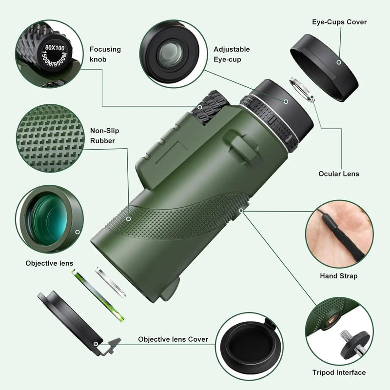 Monocular Telescope, 80x100 HD Monoculars for Adults, High Power Monocular for Smartphone,Compact Portable Waterproof Monocular