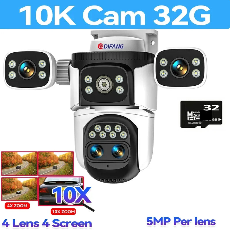 WiFi Camera 10K Four Lens 20MP Four Screens Optical 10X Zoom CCTV Video Camera Auto Tracking 360° Surveillance Security Camera