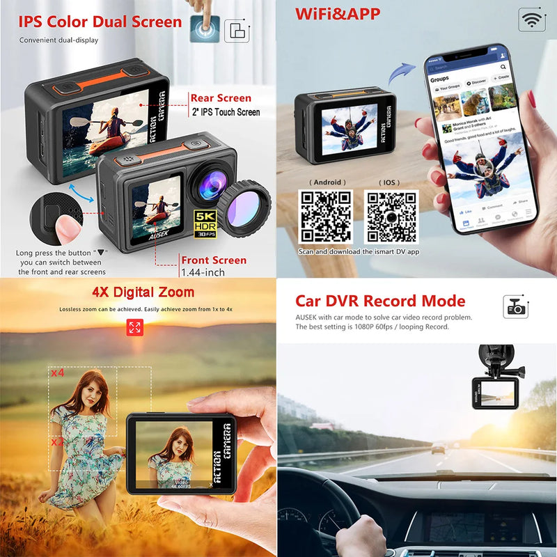 2" IPS Dual Screen Action Camera 5K 30FPS  4K 60FPS 48MP EIS Video With Optional Filter Lens 1080P Webcam Vlog WiFi Sports Cam