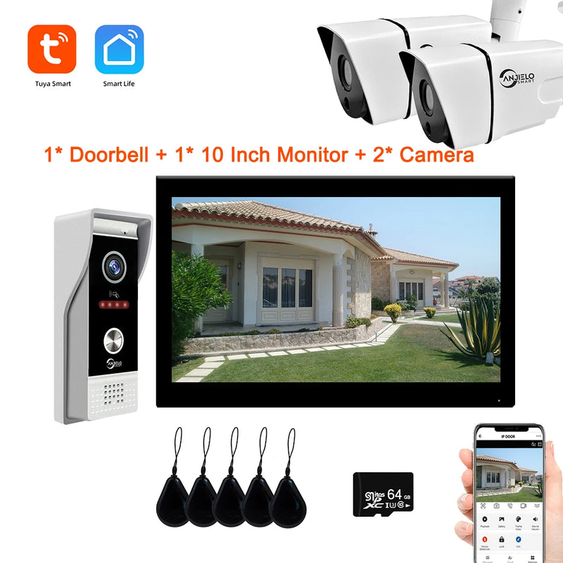 10 Inch Smart Tuya Home Video Intercom Wifi Touch Screen 1080P Video Doorbell Access Control Card Unlcok Door Phone Kit 64G Card