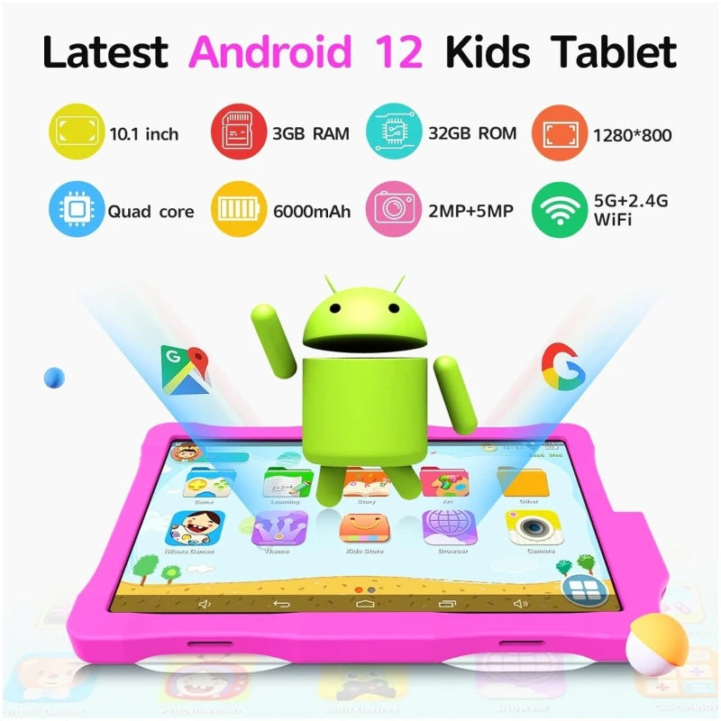 Glavey 10.1 Inch Kid Tablet Android 12 Quad Core 3GB RAM 32GB ROM WiFi 6000mAh Battery Dual Camera Gift Stand Silicone Case