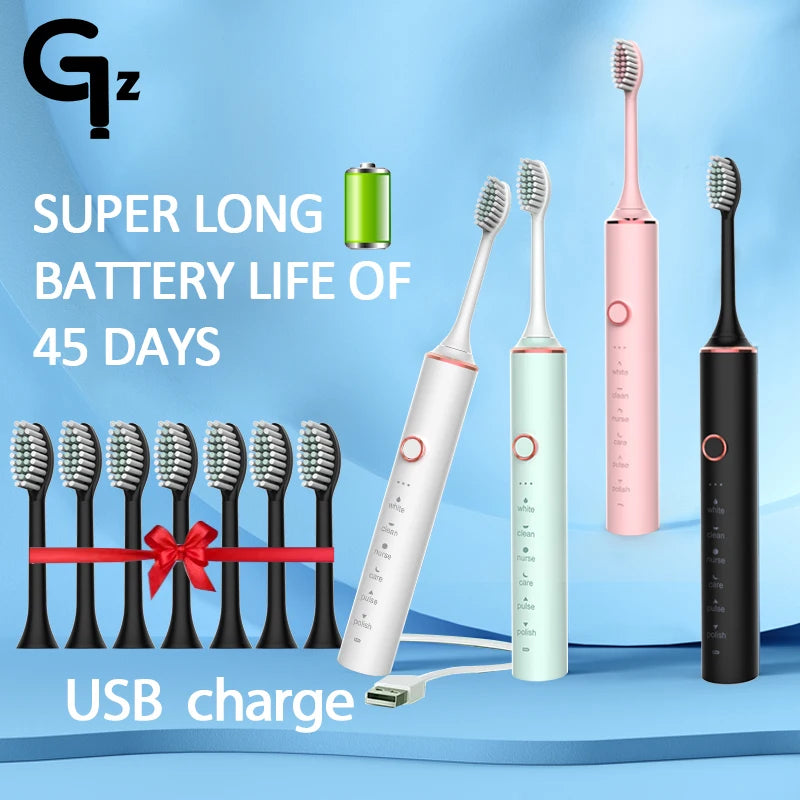 New N100 Sonic Electric Toothbrush Adult Timer Brush 6 Mode USB Charger Rechargeable Tooth Brushes Replacement Heads Set