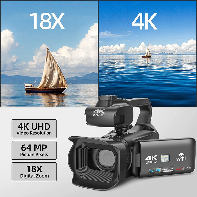 4K 60FPS Outdoor Video Camera 64MP Youtube Live Stream Webcam 4.0" Touch Screen Vlog Recorder 18X Zoom Professional camera