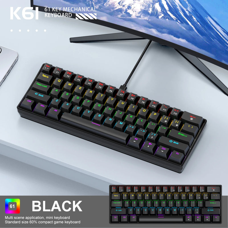 APAYADO Mini Mechanical Keyboard, 60% Portable Wired Mini Keyboard, 61 Keys Phantom RGB, Black, White, Red/Blue Switch