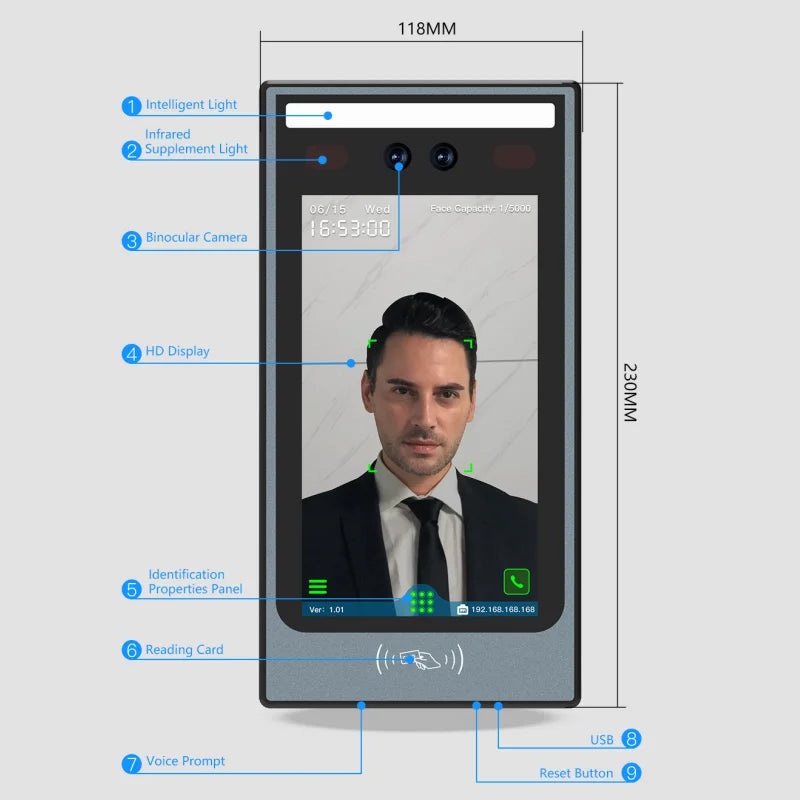 7 Inch IPS Dynamic face palm recognition Access Control System RFID  Attendance reconhecimento facial attendance system with app