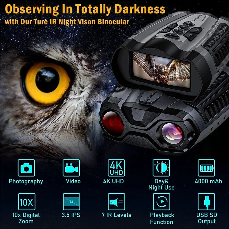 Ponbos Professional 300M Infrared Night Vision Telescope Camera 4K UHD 58MP 10X Zoom Digital Binoculars for Hunting Camping