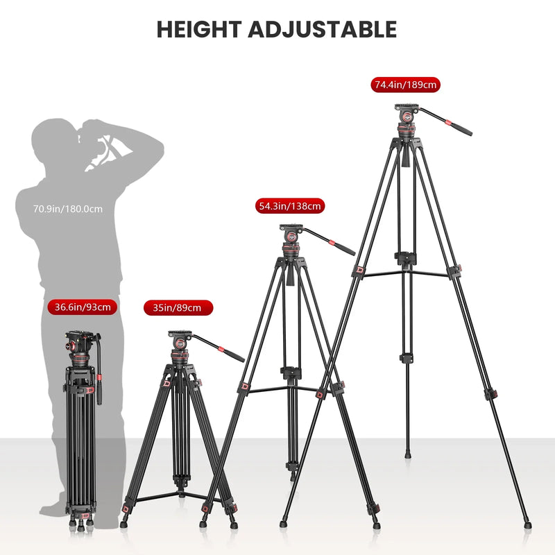 EVUMO DF6 Professional Video Tripod Stand 74'' Metal Heavy Duty Panorama Head 3Section Load 22lb/10kg for DSLR Camera Camcorder