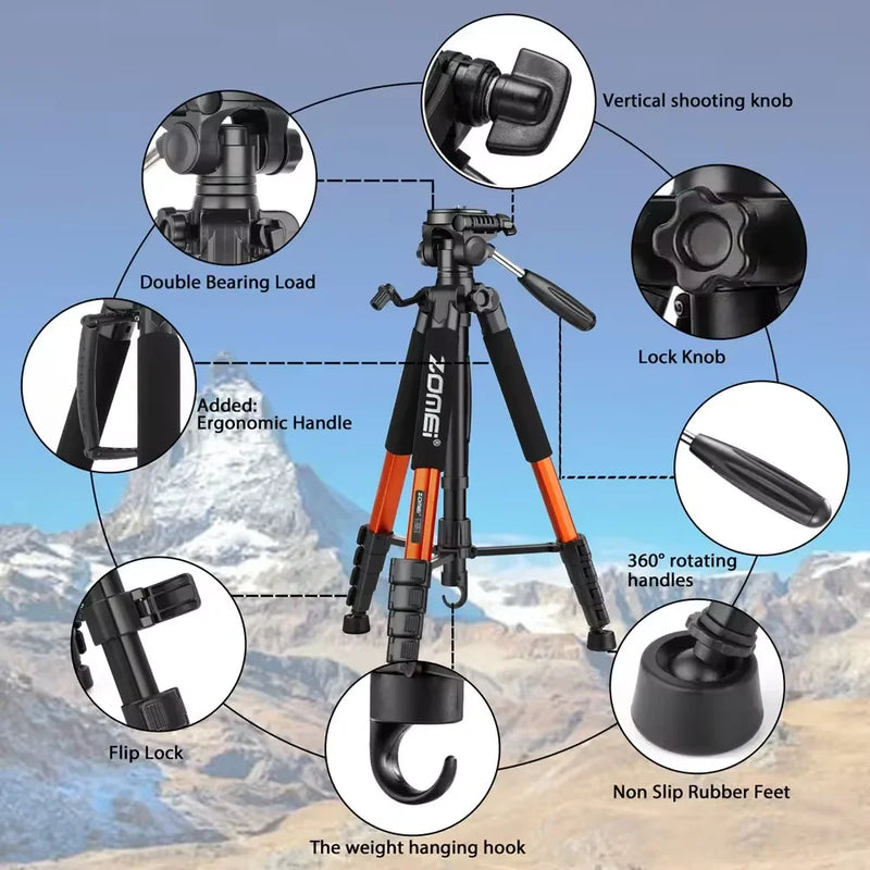 187cm/73.6in Aluminum Zomei Tripod for Mobile Nikon Canon DSLR, 360°Rotatable Professional Camera Tripod for Spotlight & Video