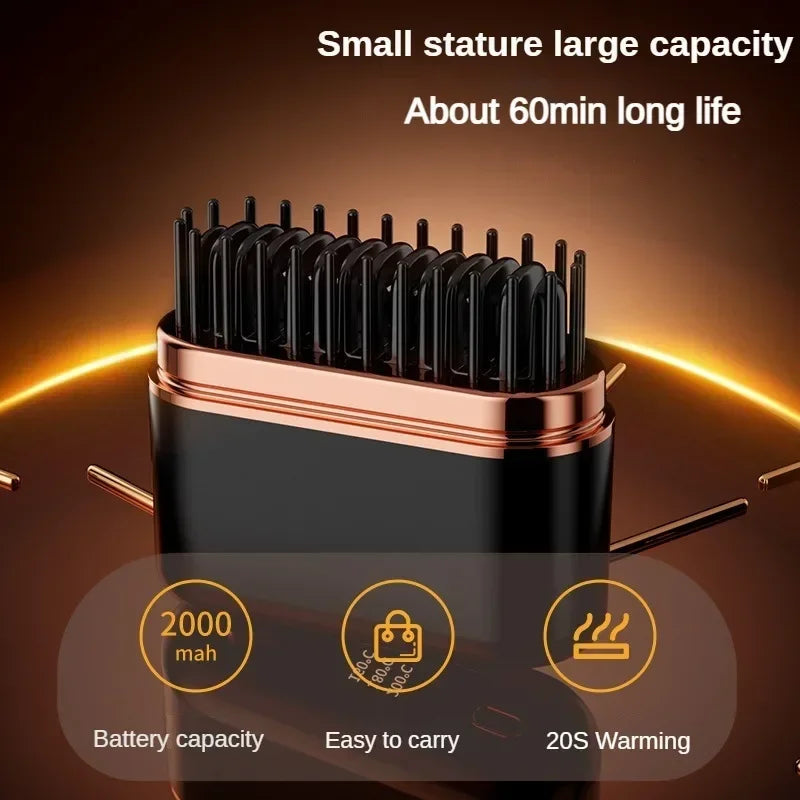 2000mah Mini Hair Straightening Comb Wireless Hair Comb with 3 Temperature Adjustment Straightening Brush Hair Straightener