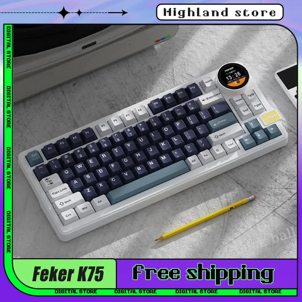 Feker K75 Gaming Mechanical Keyboard 83keys Bluetooth Wireless 3 Mode RGB customize With Knob Screen Pbt Keycaps Gamer Keyboards