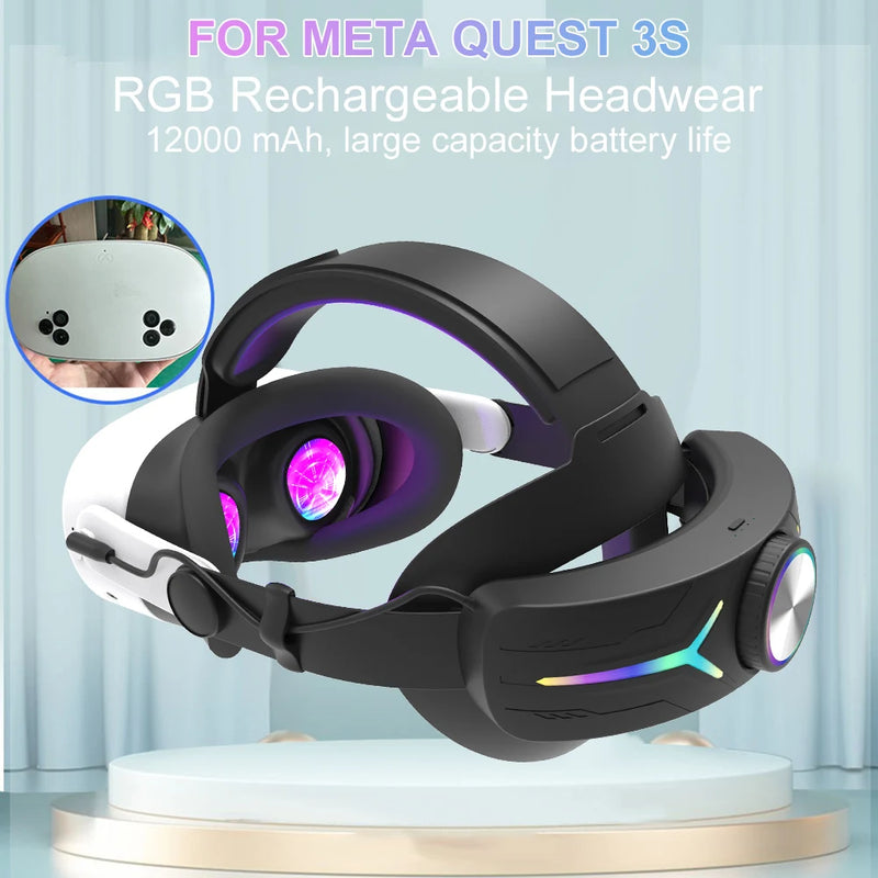 Adjustable RGB Head Strap 12000mAh Battery Extend VR Playtime Alternative Strap Head Strap Headband for Meta Quest 3S VR Headset