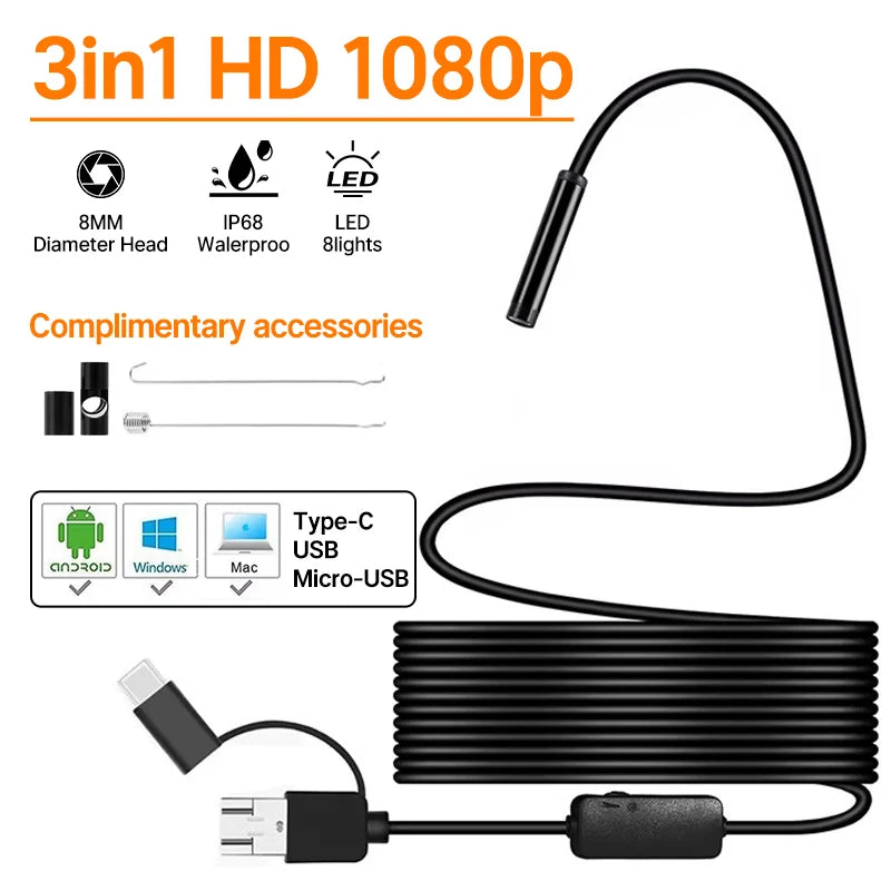 New Wired Mini Endoscope Camera 200w Pixel 8mm Lens for Android Type-C/USB Endoscope Waterproof LED Lighting Inspection Camera