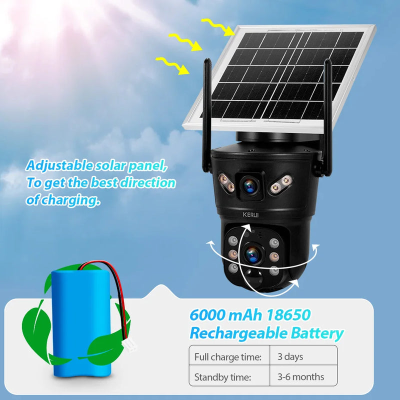 KERUI Outdoor 6MP Solar Camera 4G SIM WIFI Solar Panel Dual Lens Camera Waterproof Home Security CCTV Video Surveillance V380pro