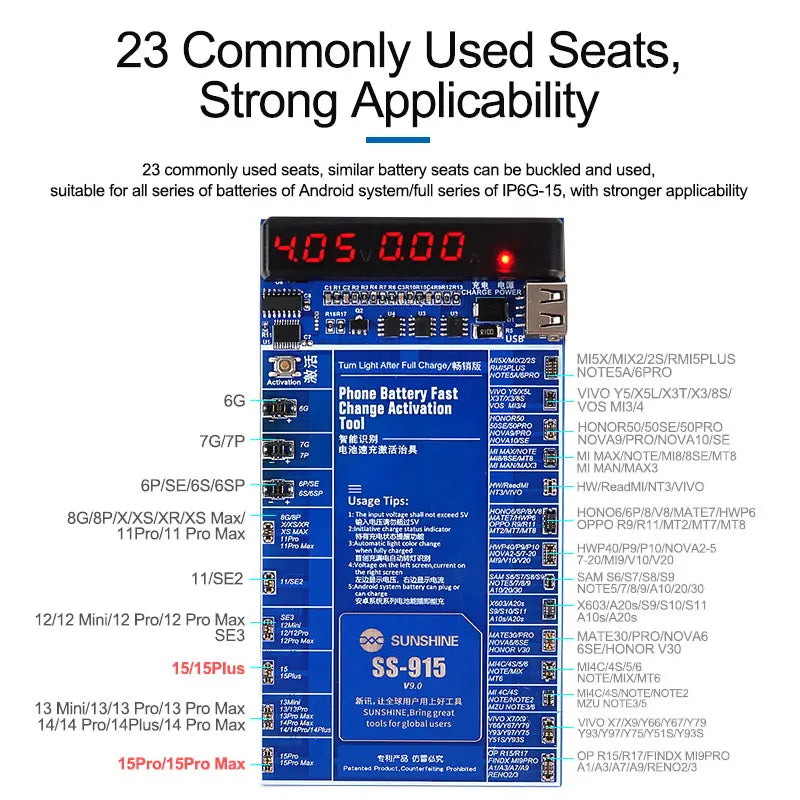 SUNSHINE SS-915 V9.0 Battery Quick Charging Activation Board Test Fixture For Android IPhone 15/Pro/Max Mobile Phone