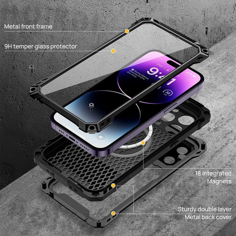 Metal Case For iPhone 15 Pro 14 Pro Max Rugged  empered Glass Screen Protector Camera Protection Armor MagSafe Magnetic Covers