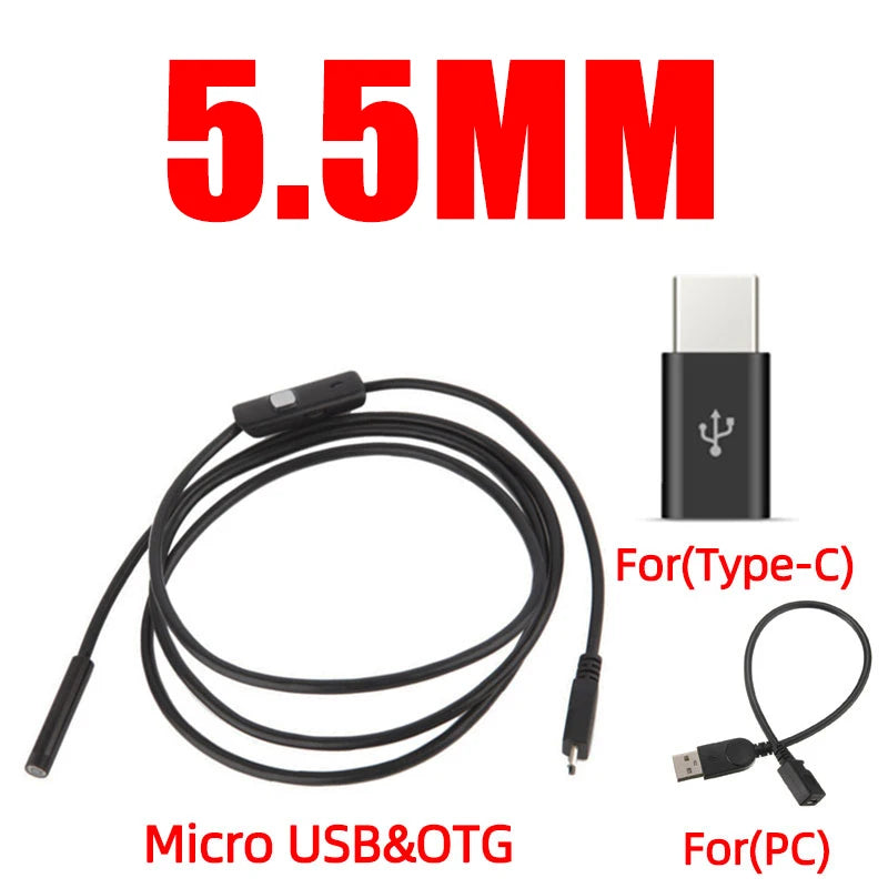 7.0mm 5.5mm IP67 Waterproof Endoscope Camera 6 LEDs Adjustable USB Android Flexible Inspection Borescope Cameras for Phone PC