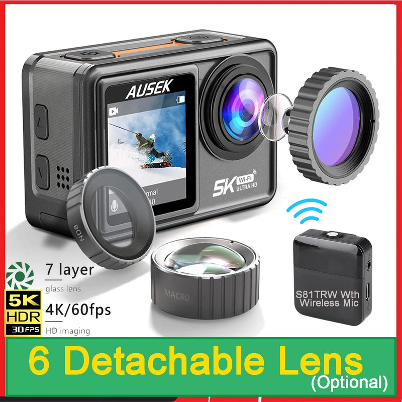 AUSEK S81TRW Action Camera 5K 4K60FPS 48MP DVR EIS With Optional Filters 5X Zoom 1080P Webcam Vlog Wi-Fi Sports Cam With Remote