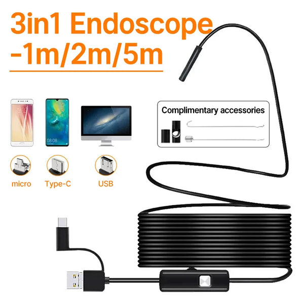 5.5MM Android Endoscope Camera 3 IN1 Micro USB Type C Borescope Mini Camera Waterproof LED Car Inspection For Android PC