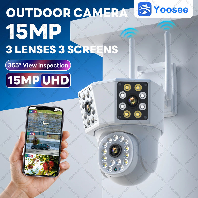 8K 15MP WiFi Outdoor Camera 8X Zoom Three Len Ai Motion Tracking PTZ 6K Video Camera Security Protection Waterproof Surveillance